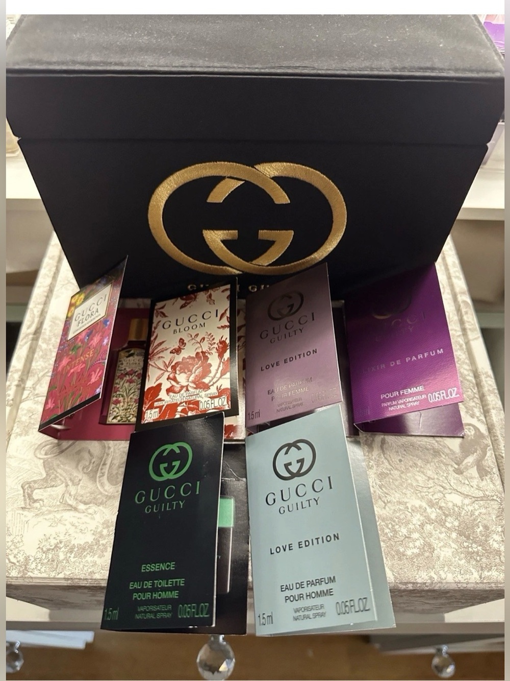 Gucci Black Gold Lined Luxury Fabric Box 🤩STUNNING🖤+6 Gucci Perfumes 1.5ml
